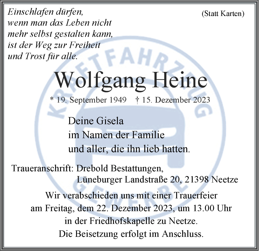  Traueranzeige für Wolfgang Heine vom 20.12.2023 aus LZ