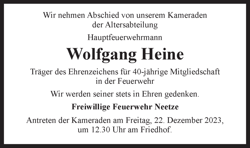  Traueranzeige für Wolfgang Heine vom 20.12.2023 aus LZ