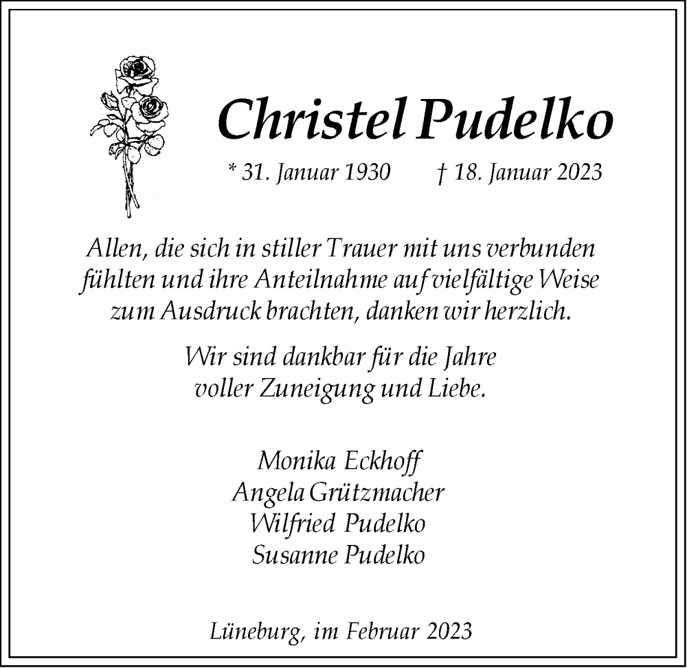  Traueranzeige für Christel Pudelko vom 25.02.2023 aus LZ