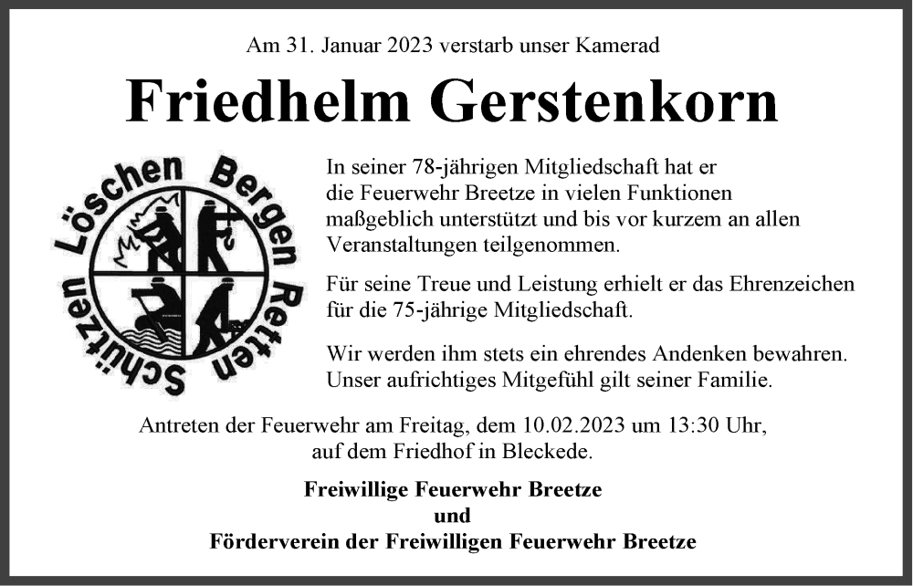  Traueranzeige für Friedhelm Gerstenkorn vom 04.02.2023 aus LZ