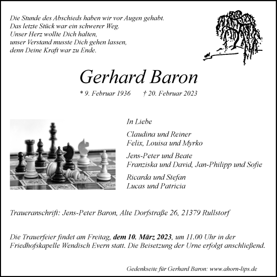 Anzeige von Gerhard Baron von LZ