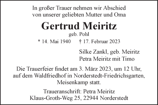 Anzeige von Gertrud Meiritz von LZ