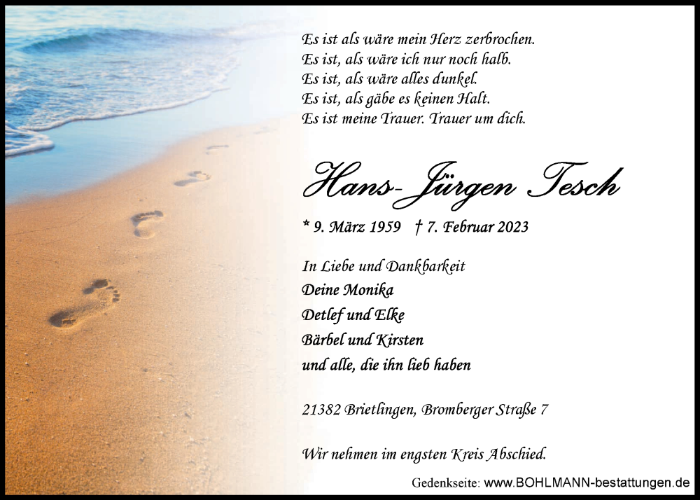  Traueranzeige für Hans-Jürgen Tesch vom 18.02.2023 aus LZ