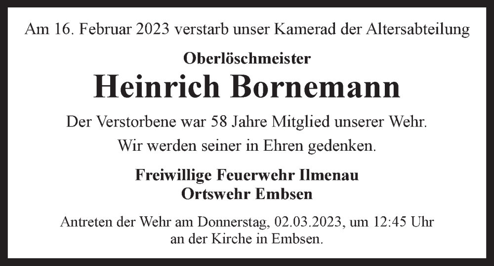 Traueranzeigen von Heinrich Bornemann TrauerLüneburg.de