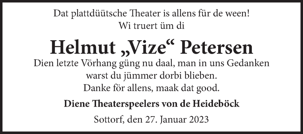  Traueranzeige für Helmut Petersen vom 31.01.2023 aus LZ