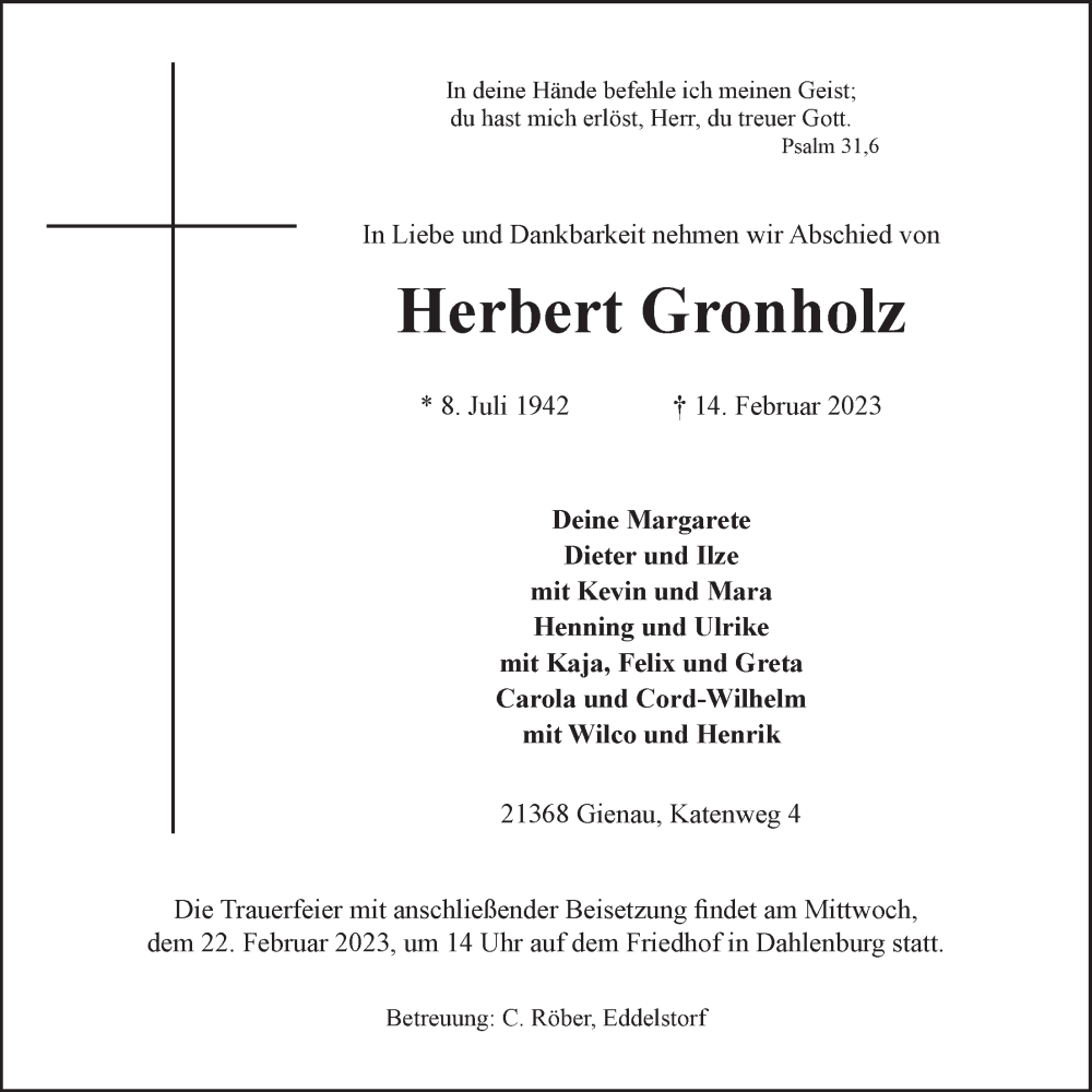  Traueranzeige für Herbert Gronholz vom 18.02.2023 aus LZ