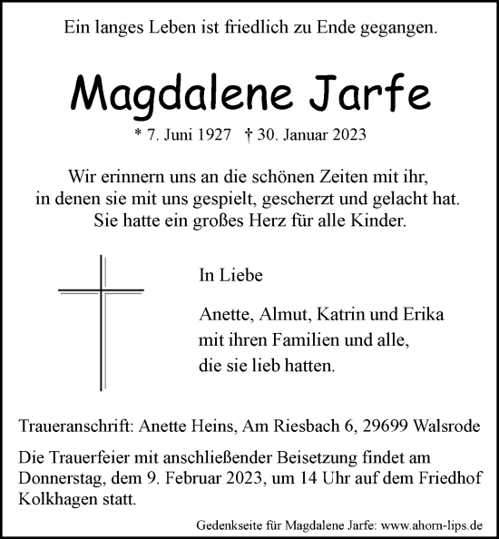Anzeige von Magdalene Jarfe von LZ