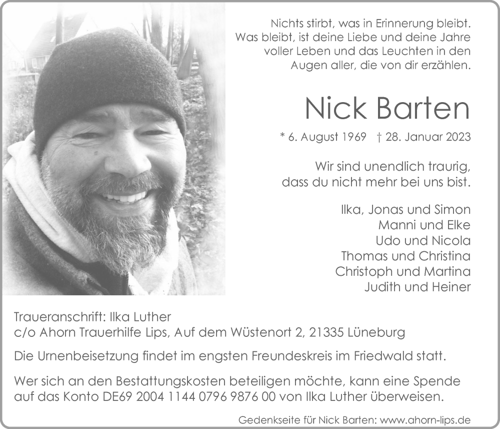  Traueranzeige für Nick Barten vom 18.02.2023 aus LZ