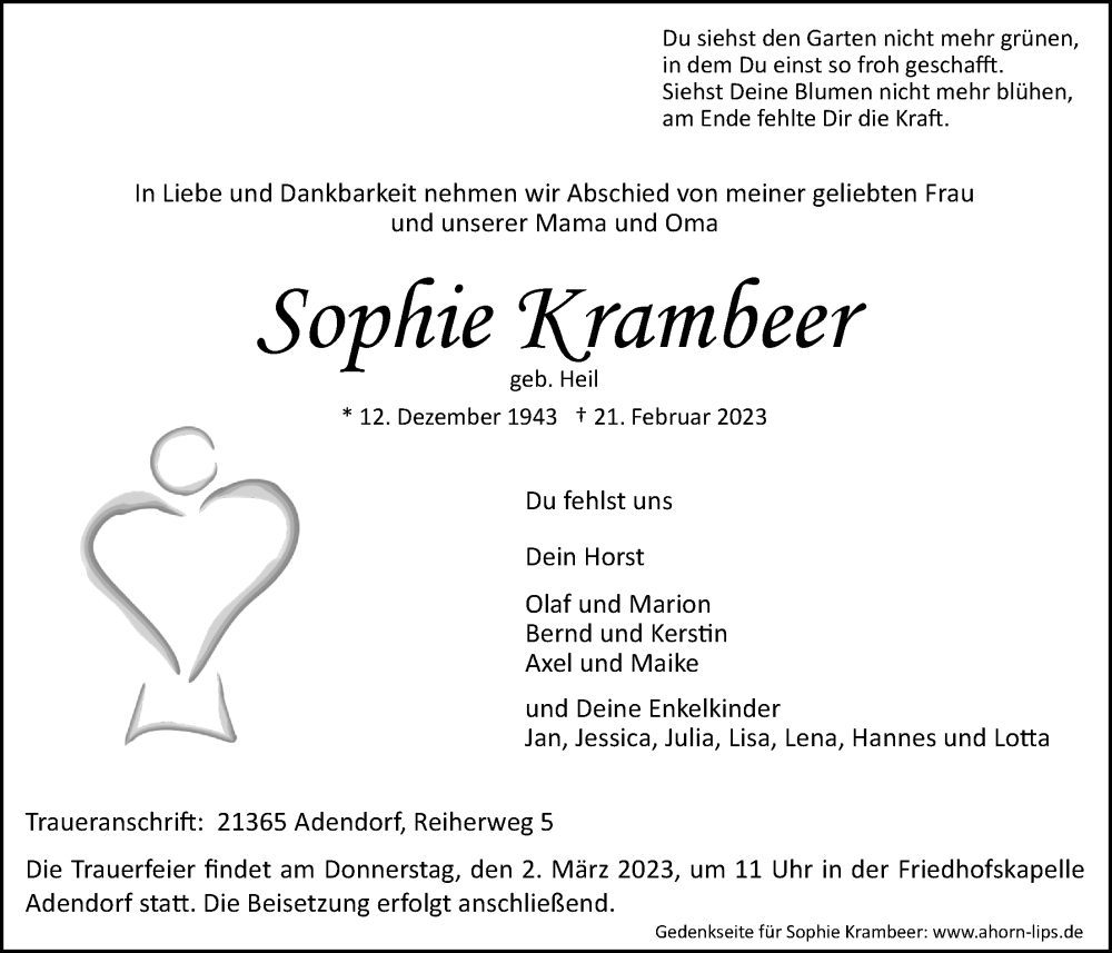  Traueranzeige für Sophie Krambeer vom 25.02.2023 aus LZ