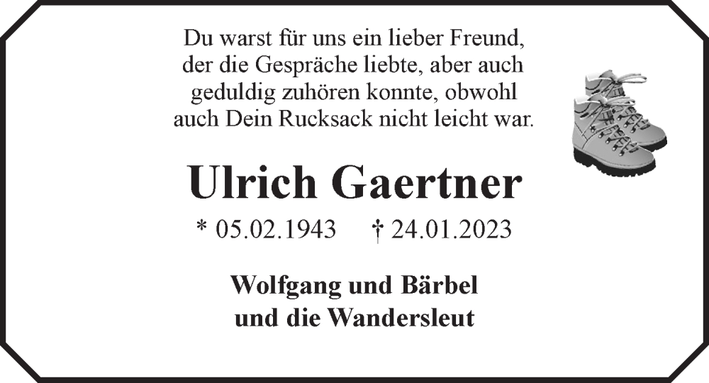  Traueranzeige für Ulrich Gaertner vom 04.02.2023 aus LZ