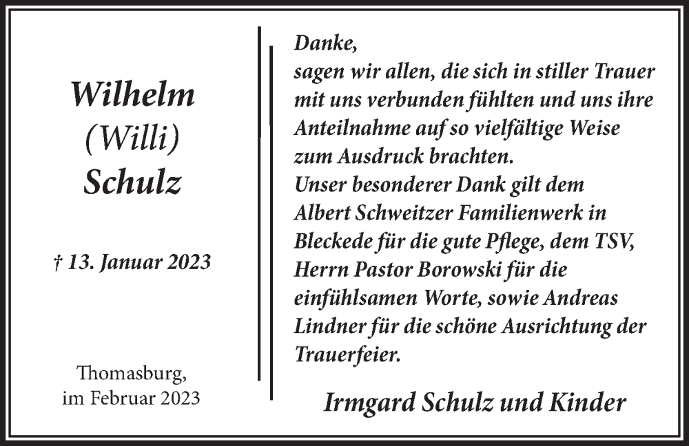 Traueranzeige für Wilhelm Schulz vom 04.02.2023 aus LZ