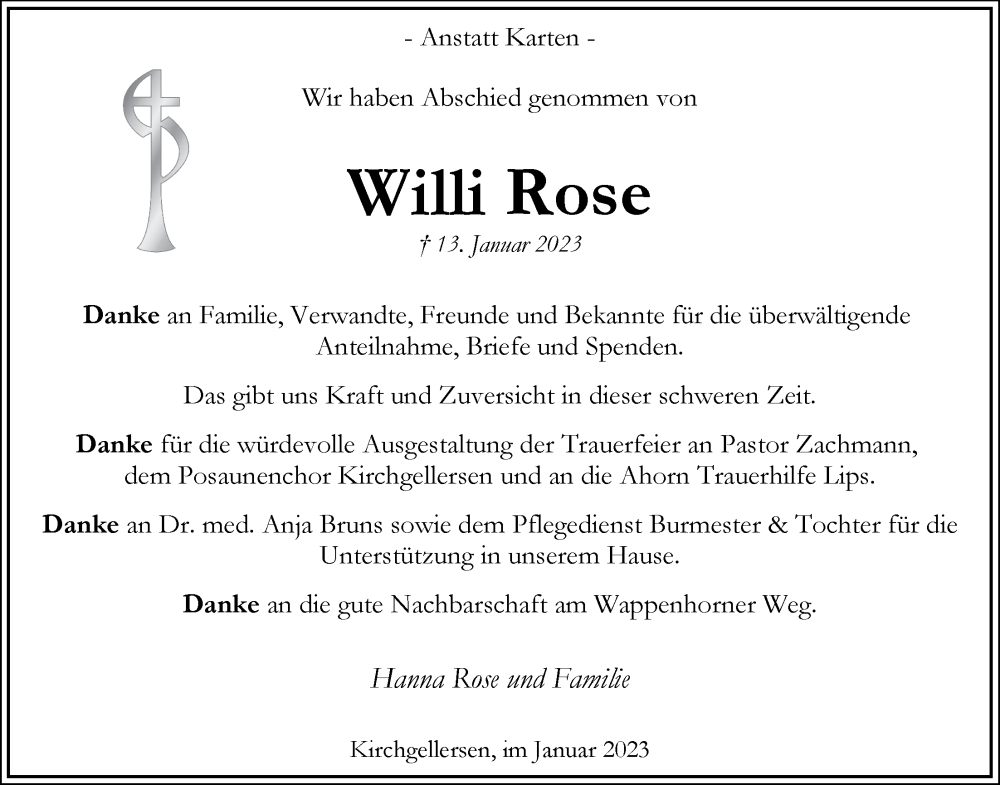  Traueranzeige für Willi Rose vom 04.02.2023 aus LZ