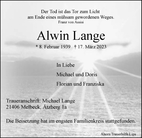 Anzeige von Alwin Lange von LZ