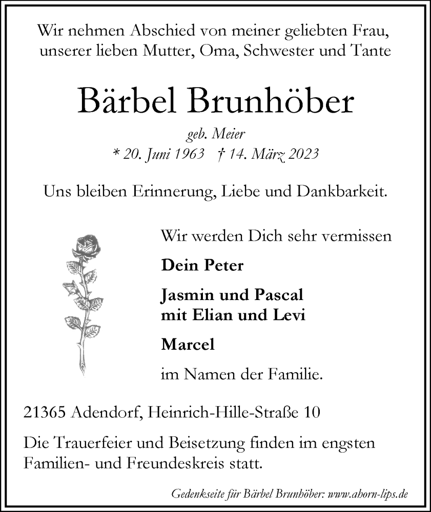  Traueranzeige für Bärbel Brunhöber vom 18.03.2023 aus LZ