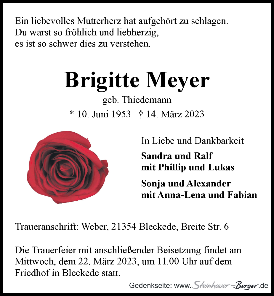  Traueranzeige für Brigitte Meyer vom 18.03.2023 aus LZ