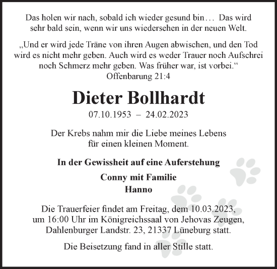 Anzeige von Dieter Bollhardt von LZ