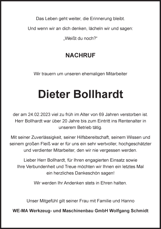 Anzeige von Dieter Bollhardt von LZ