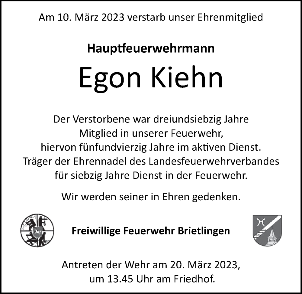  Traueranzeige für Egon Kiehn vom 15.03.2023 aus LZ