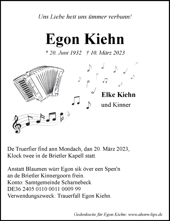Anzeige von Egon Kiehn von LZ