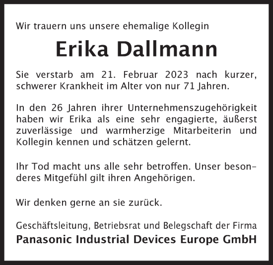 Anzeige von Erika Dallmann von LZ