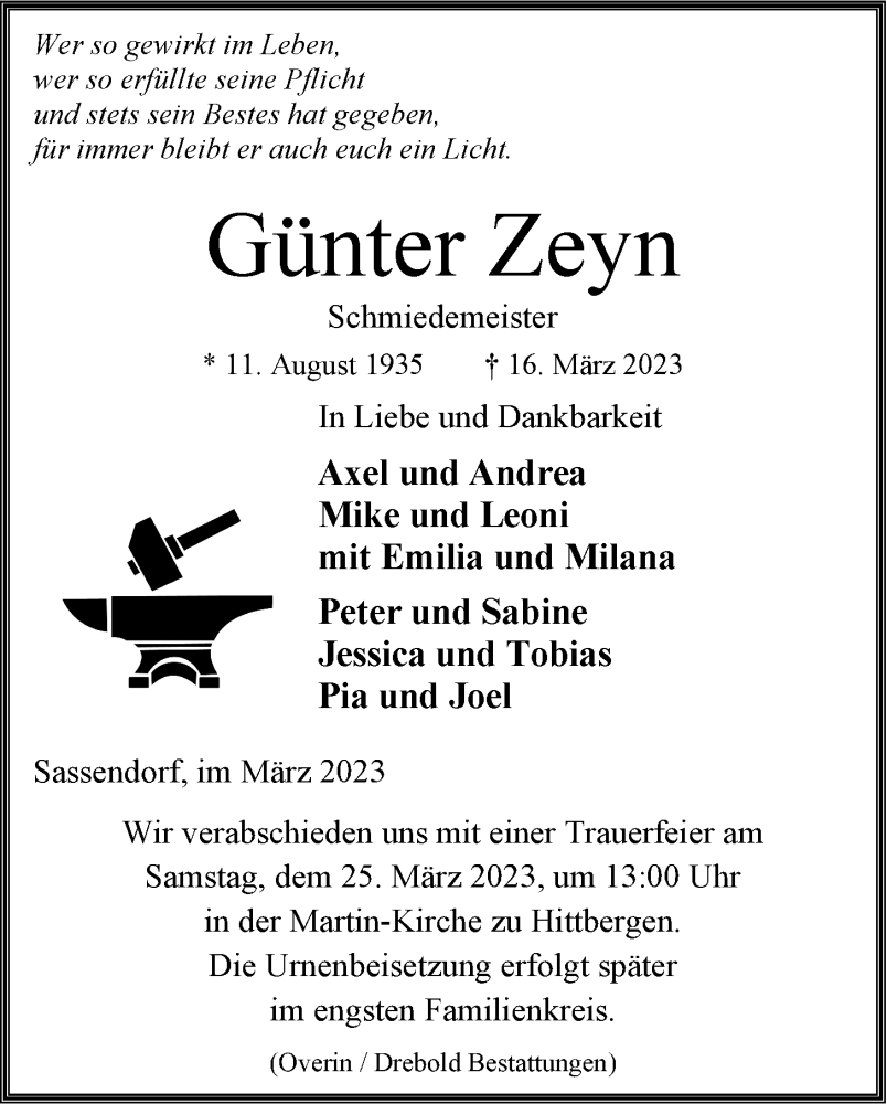  Traueranzeige für Günter Zeyn vom 18.03.2023 aus LZ