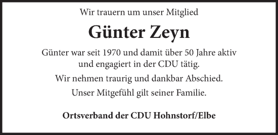 Anzeige von Günter Zeyn von LZ