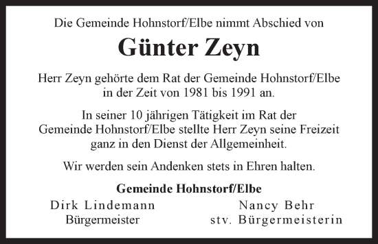 Anzeige von Günter Zeyn von LZ