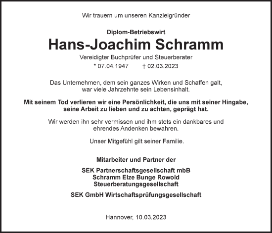 Anzeige von Hans-Joachim Schramm von LZ