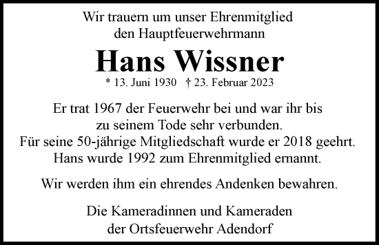 Anzeige von Hans Wissner von LZ