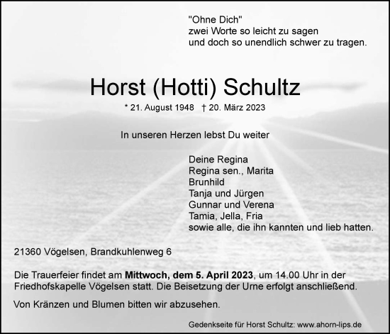 Anzeige von Horst  Schultz von LZ