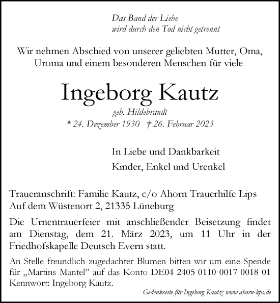 Anzeige von Ingeborg Kautz von LZ