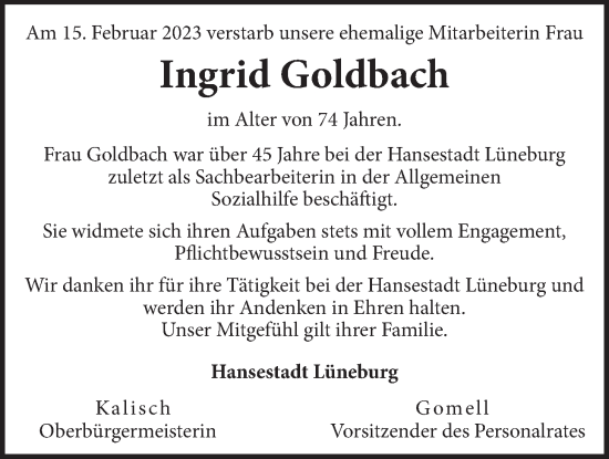 Anzeige von Ingrid Goldbach von LZ