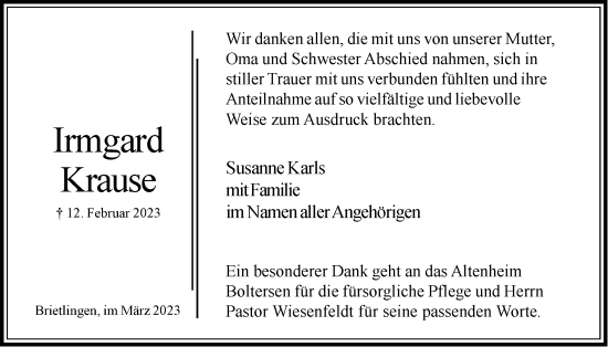 Anzeige von Irmgard  Krause von LZ