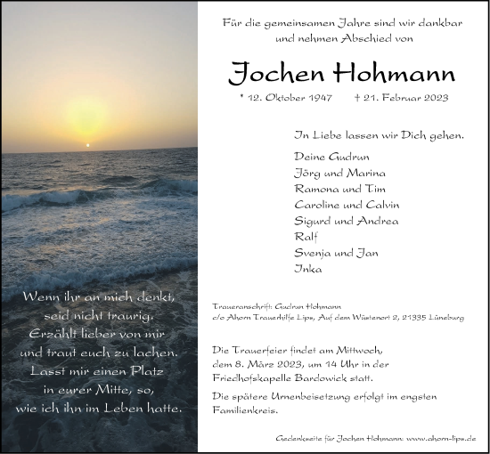 Anzeige von Jochen Hohmann von LZ