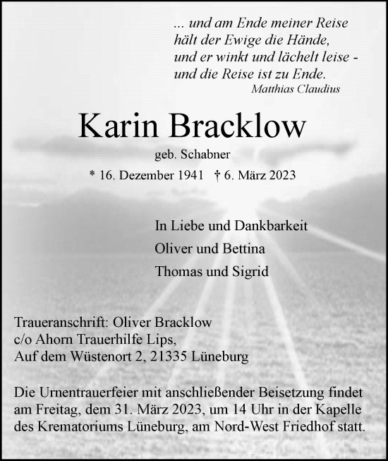 Anzeige von Karin Bracklow von LZ