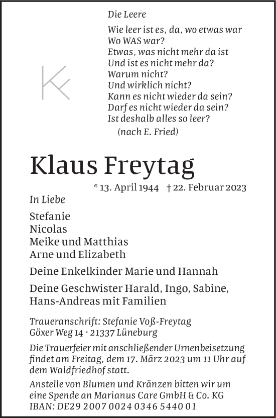 Anzeige von Klaus Freytag von LZ