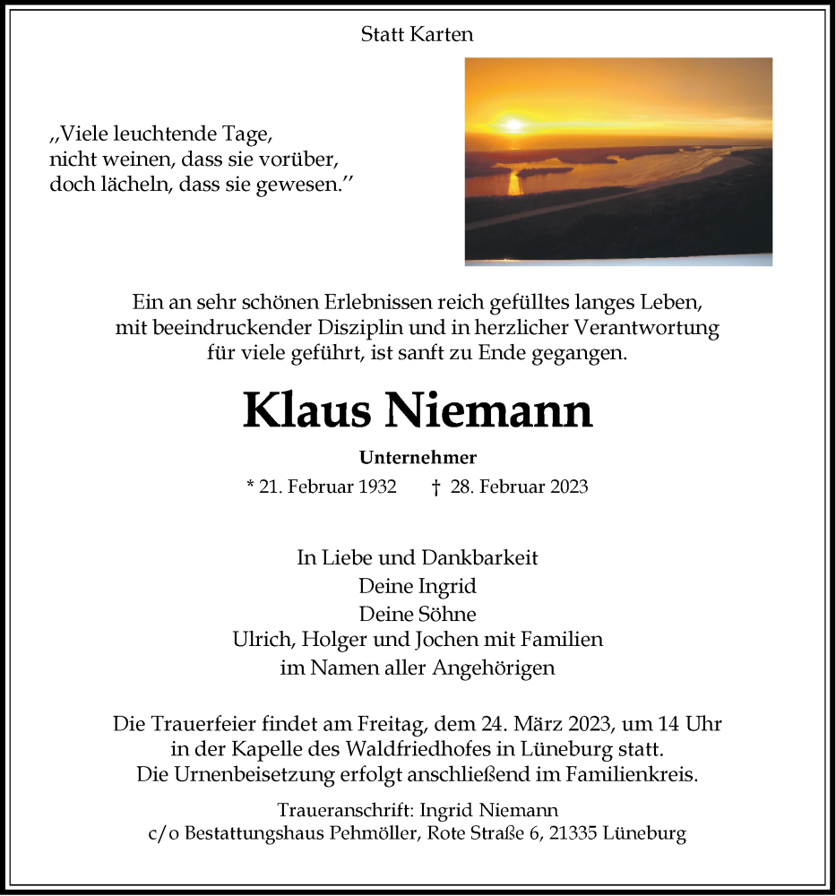  Traueranzeige für Klaus Niemann vom 11.03.2023 aus LZ