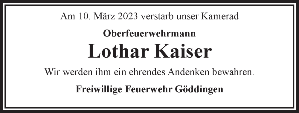  Traueranzeige für Lothar Kaiser vom 22.03.2023 aus LZ