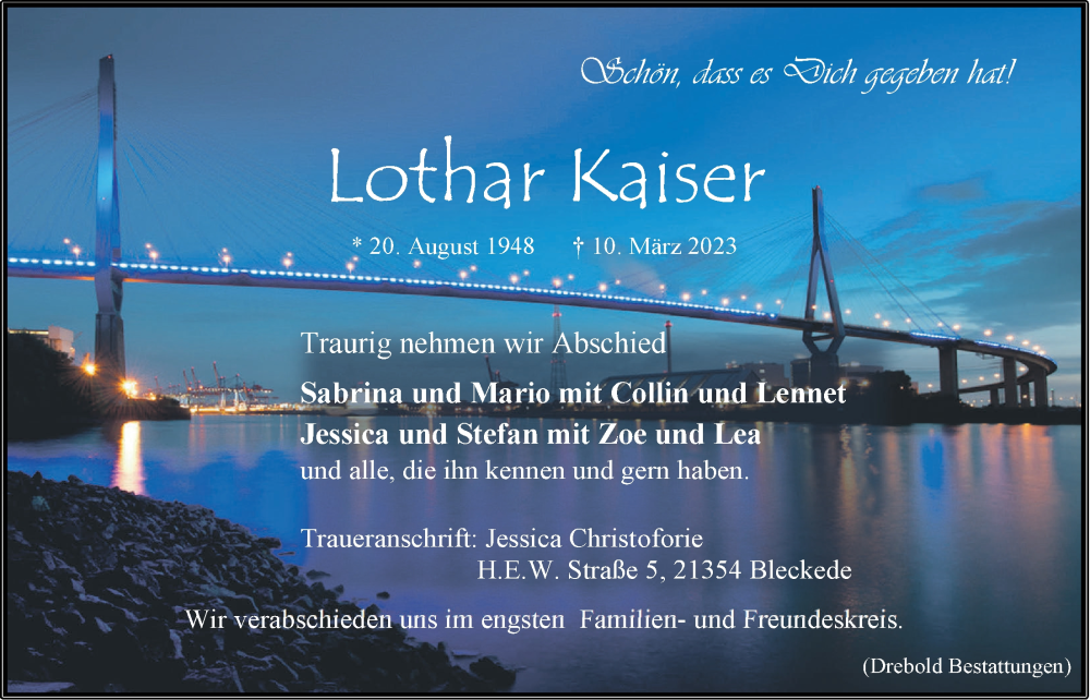  Traueranzeige für Lothar Kaiser vom 18.03.2023 aus LZ