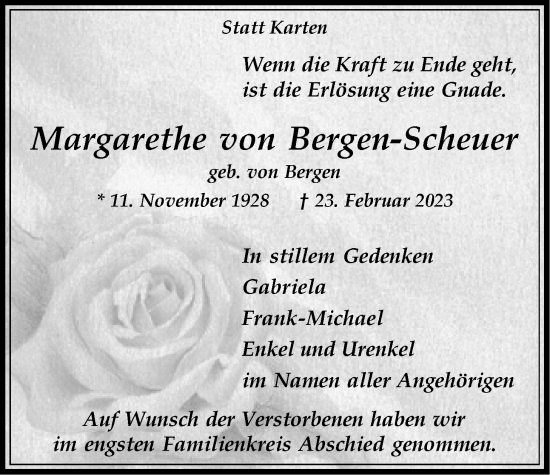 Anzeige von Margarethe von Bergen-Scheuer von LZ