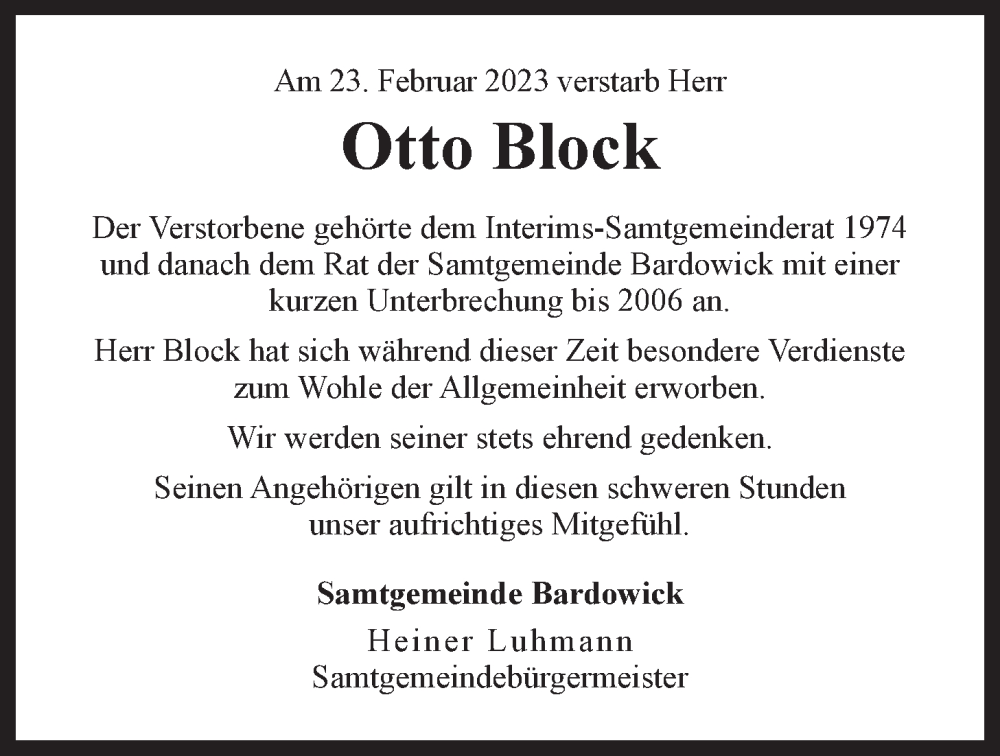  Traueranzeige für Otto Block vom 04.03.2023 aus LZ