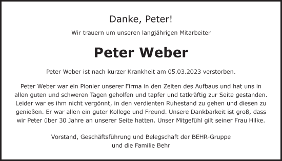Anzeige von Peter Weber von LZ