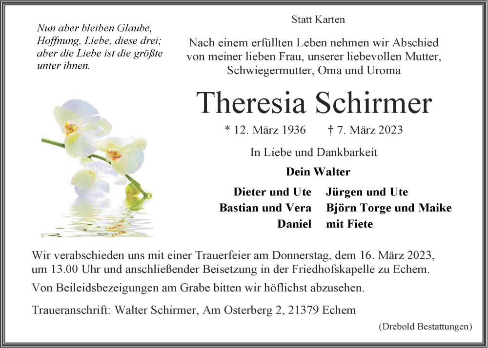  Traueranzeige für Theresia Schirmer vom 11.03.2023 aus LZ