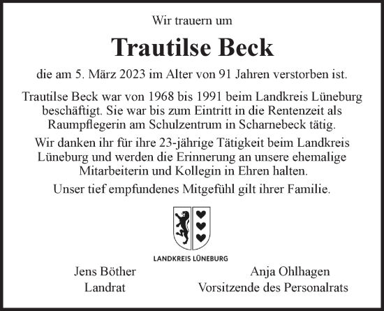 Anzeige von Trautilse Beck von LZ