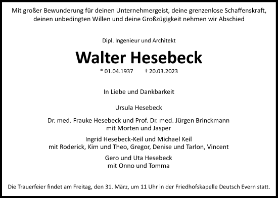 Anzeige von Walter Hesebeck von LZ