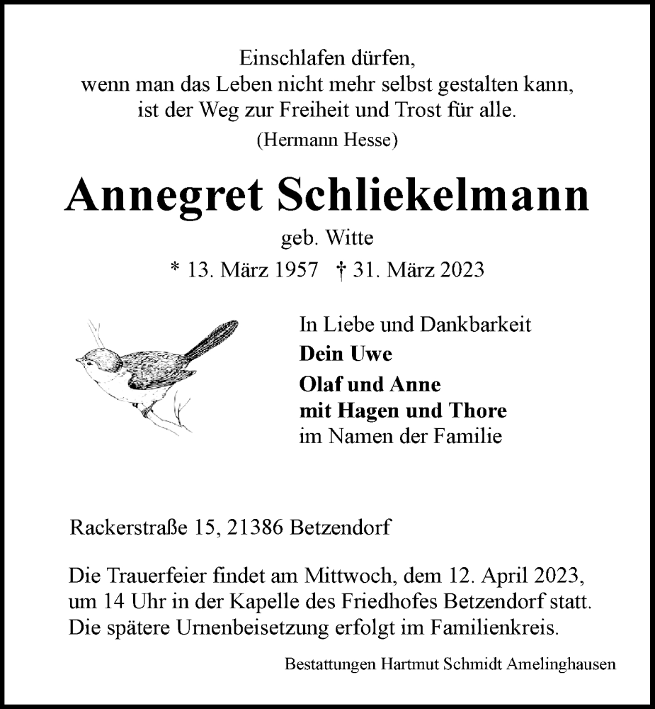  Traueranzeige für Annegret Schliekelmann vom 08.04.2023 aus LZ