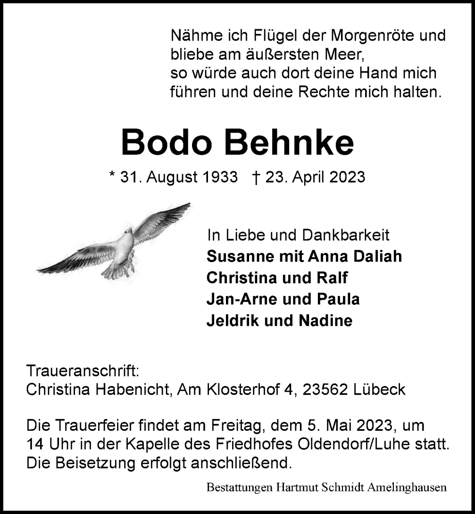  Traueranzeige für Bodo Behnke vom 29.04.2023 aus LZ
