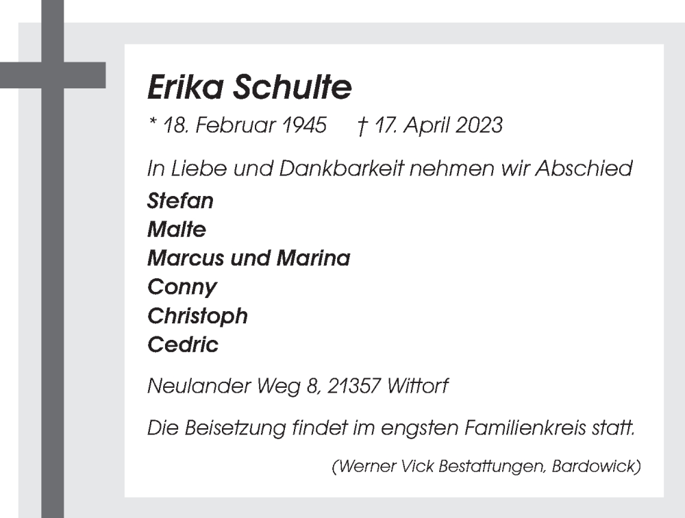  Traueranzeige für Erika Schulte vom 22.04.2023 aus LZ