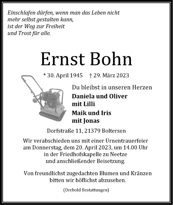 Anzeige von Ernst Bohn von LZ