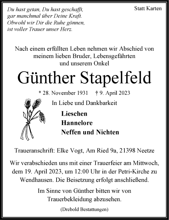 Anzeige von Günther Stapelfeld von LZ